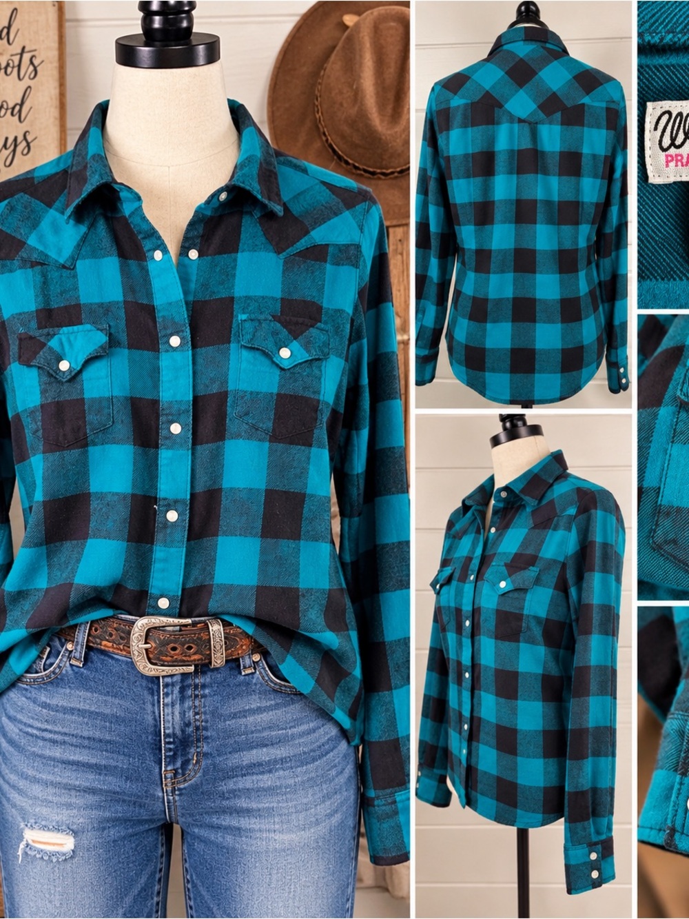 Wrangler Prairie Summit Women’s XL Turquoise Buffalo Plaid Pearl Snap Western